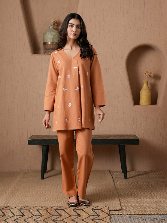 Qazmi Women's Cotton Linen Kashmiri Aari Work CoOrd Set