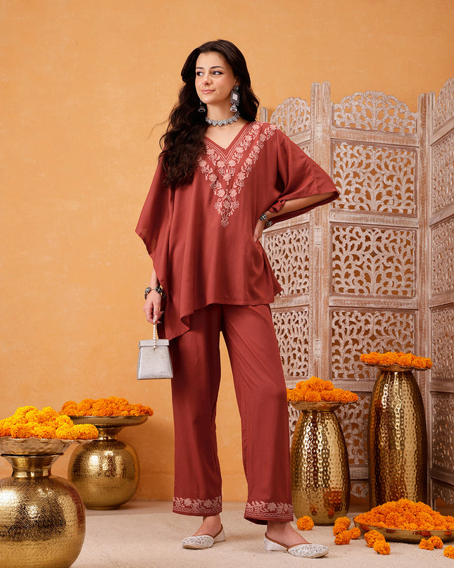 Qazmi Shahira Kashmiri Aari Work Orange Kaftan CoOrd Set