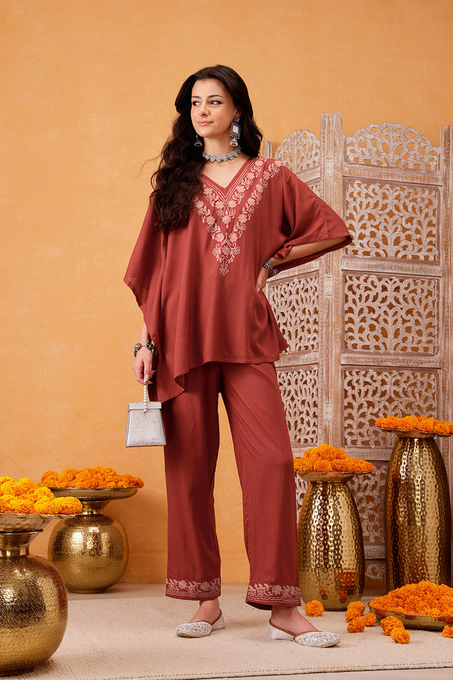 Qazmi Shahira Kashmiri Aari Work Orange Kaftan CoOrd Set