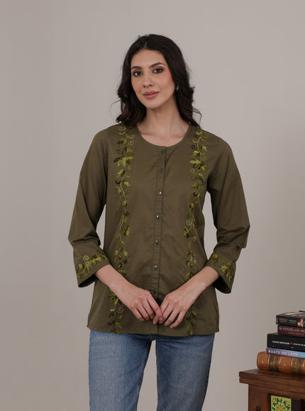 Qazmi Women Aari Embroidered Pure Cotton Mandarin Collar Top