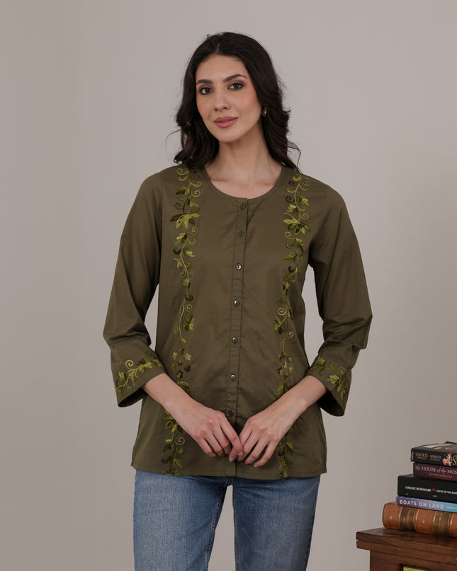 Qazmi Women Aari Embroidered Pure Cotton Mandarin Collar Top