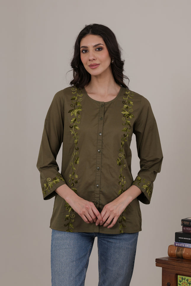 Qazmi Women Aari Embroidered Pure Cotton Mandarin Collar Top