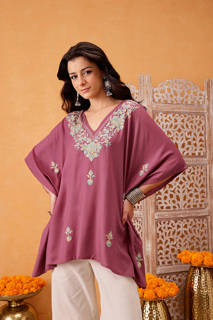 Qazmi Hannah V-Neck Flared Sleeves Aari Work Kaftan Kurti
