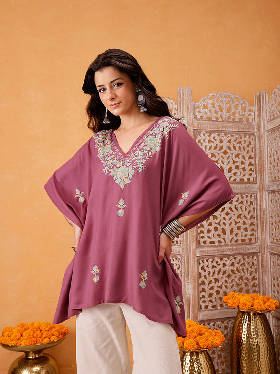 Qazmi Hannah V-Neck Flared Sleeves Aari Work Kaftan Kurti