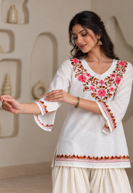 Qazmi Women's Nafisa Kashmiri Aari Work V-Neck Blue Kurti