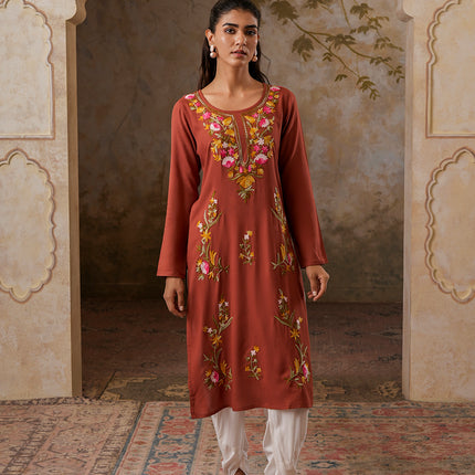 Qazmi Women's Sahar Kashmiri Aari Work Straight Kurta