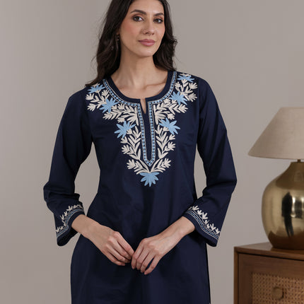 Qazmi Women Aari Embroidered Pure Cotton Short Kurta with Full Sleeves