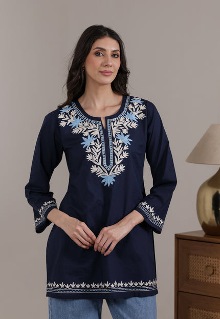 Qazmi Women Aari Embroidered Pure Cotton Short Kurta with Full Sleeves