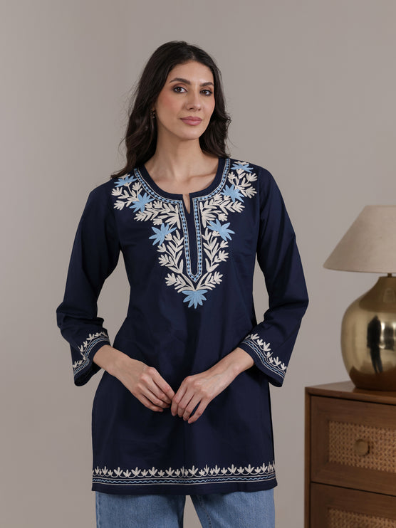 Qazmi Women Aari Embroidered Pure Cotton Short Kurta with Full Sleeves