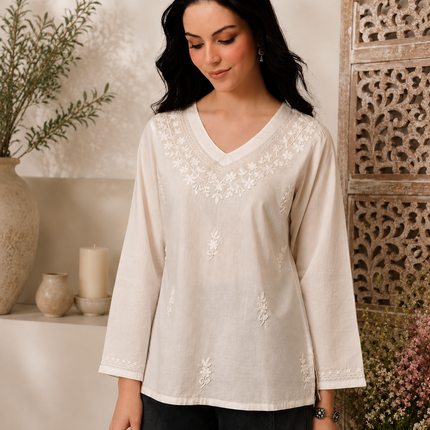 Qazmi Women's Raisa Kashmiri Aari Work V-Neck White Kurti