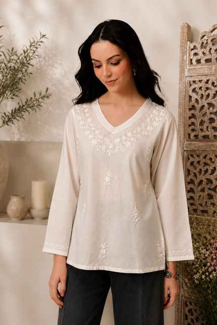Qazmi Women's Raisa Kashmiri Aari Work V-Neck White Kurti