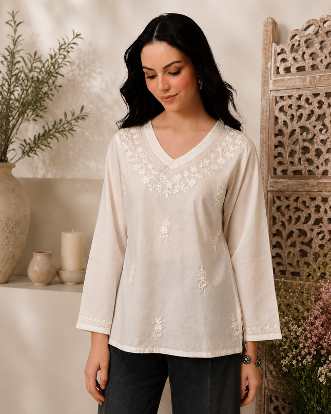 Qazmi Women's Raisa Kashmiri Aari Work V-Neck White Kurti