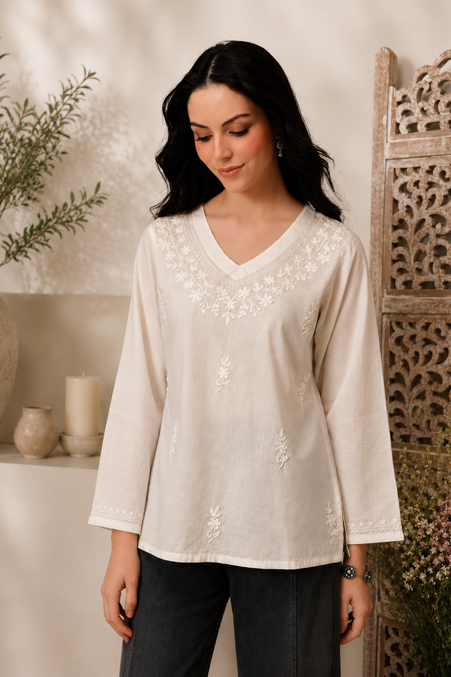 Qazmi Women's Raisa Kashmiri Aari Work V-Neck White Kurti