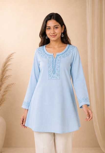 Qazmi Women Aari Embroidered Viscose Rayon A-Line Short Kurti with Full Sleeves