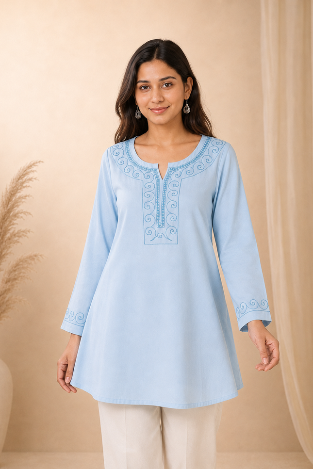 Qazmi Women Aari Embroidered Viscose Rayon A-Line Short Kurti with Full Sleeves