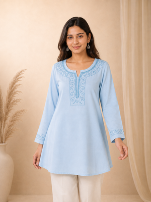 Qazmi Women Aari Embroidered Viscose Rayon A-Line Short Kurti with Full Sleeves