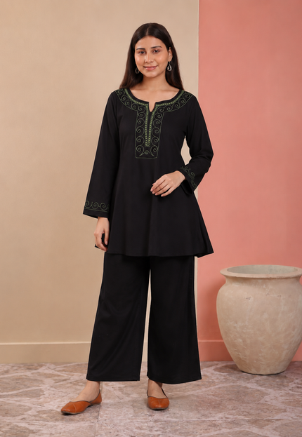 Qazmi Women Aari Embroidered Viscose Rayon A-Line Short Kurti with Full Sleeves