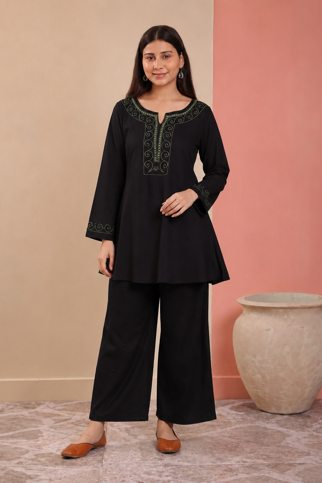 Qazmi Women Aari Embroidered Viscose Rayon A-Line Short Kurti with Full Sleeves
