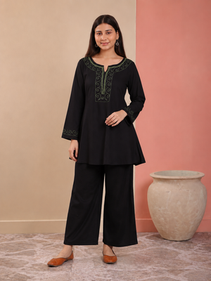 Qazmi Women Aari Embroidered Viscose Rayon A-Line Short Kurti with Full Sleeves