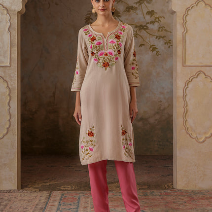 Qazmi Women's Zaynab Kashmiri Aari Work Cotton Linen Olive Green Kurta