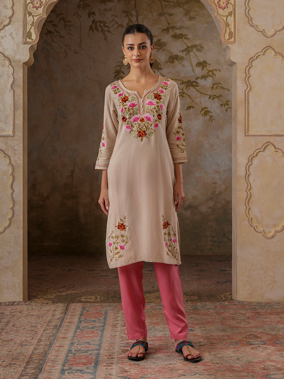 Qazmi Women's Zaynab Kashmiri Aari Work Cotton Linen Olive Green Kurta