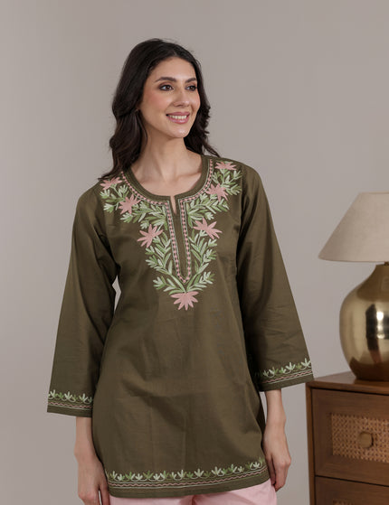 Qazmi Women Aari Embroidered Pure Cotton Short Kurta with Full Sleeves