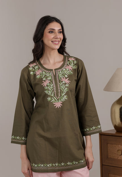 Qazmi Women Aari Embroidered Pure Cotton Short Kurta with Full Sleeves