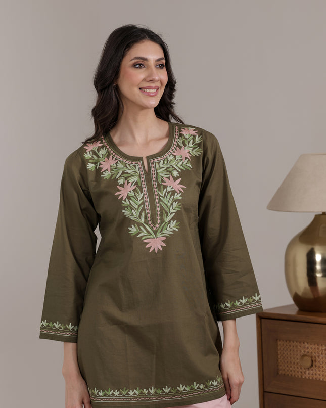 Qazmi Women Aari Embroidered Pure Cotton Short Kurta with Full Sleeves
