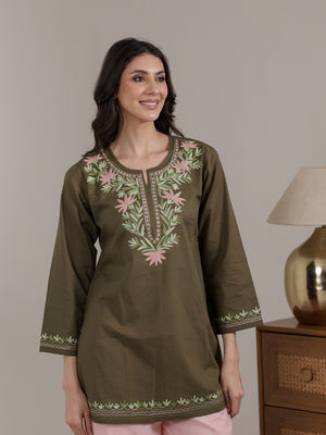 Qazmi Women Aari Embroidered Pure Cotton Short Kurta with Full Sleeves