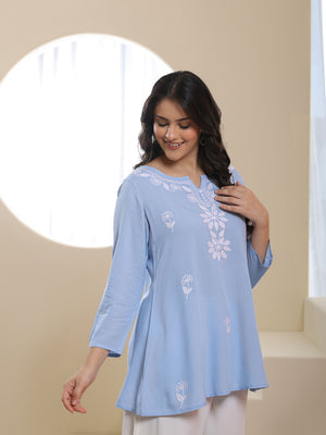 Qazmi Women's Kashmiri Aari Embroidered Viscose Rayon A-Line Flared Kurti