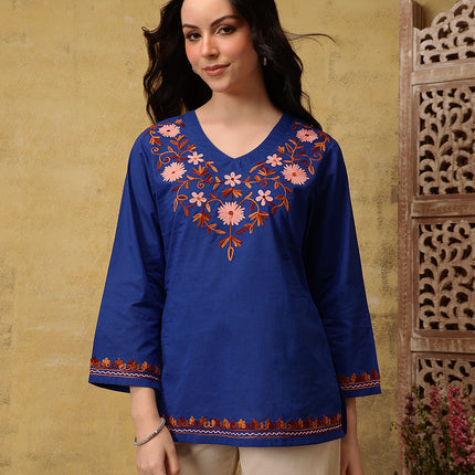 Qazmi Women's Nafisa Kashmiri Aari Work V-Neck Blue Kurti