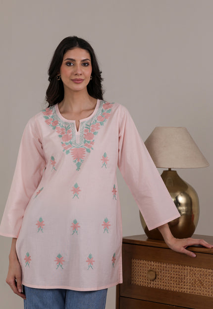 Qazmi Women's Aari Embroidered Pure Cotton Short Kurta
