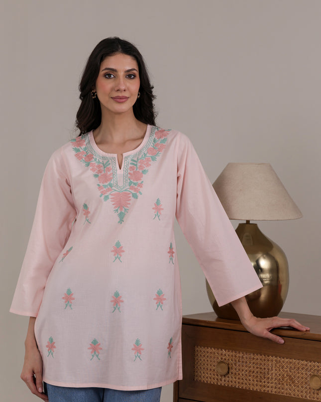 Qazmi Women's Aari Embroidered Pure Cotton Short Kurta