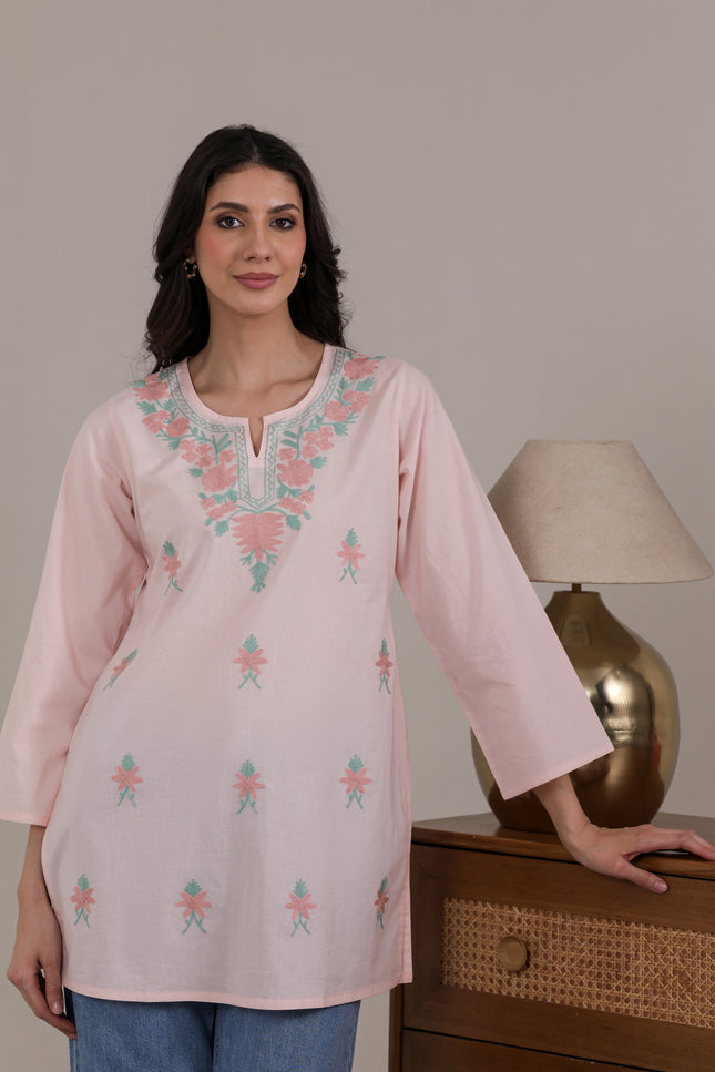 Qazmi Women's Aari Embroidered Pure Cotton Short Kurta