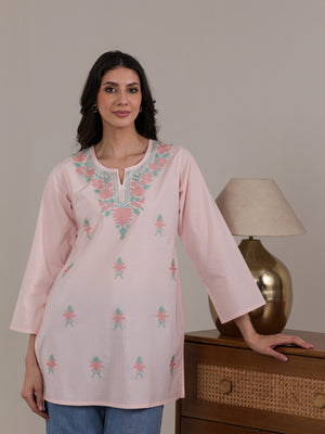 Qazmi Women's Aari Embroidered Pure Cotton Short Kurta
