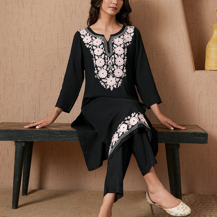 Qazmi Women's Mysa Kashmiri Aari Work Dark Wine Kurta Set