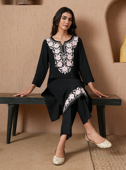 Qazmi Women's Mysa Kashmiri Aari Work Dark Wine Kurta Set