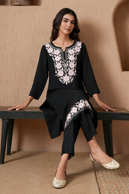 Qazmi Women's Mysa Kashmiri Aari Work Dark Wine Kurta Set