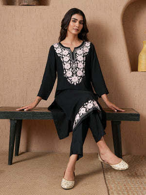 Qazmi Women's Mysa Kashmiri Aari Work Dark Wine Kurta Set