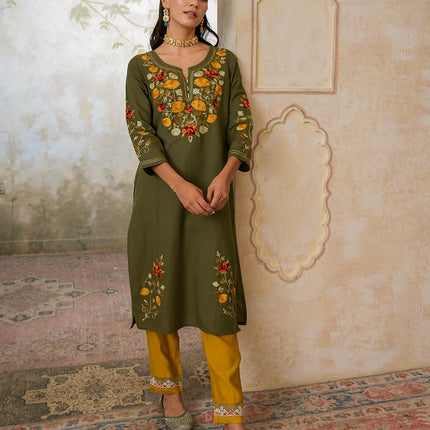 Qazmi Women's Zaynab Kashmiri Aari Work Cotton Linen Olive Green Kurta