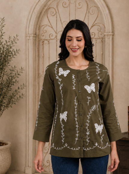 Qazmi Women Aari Embroidered Pure Cotton Buttoned Top
