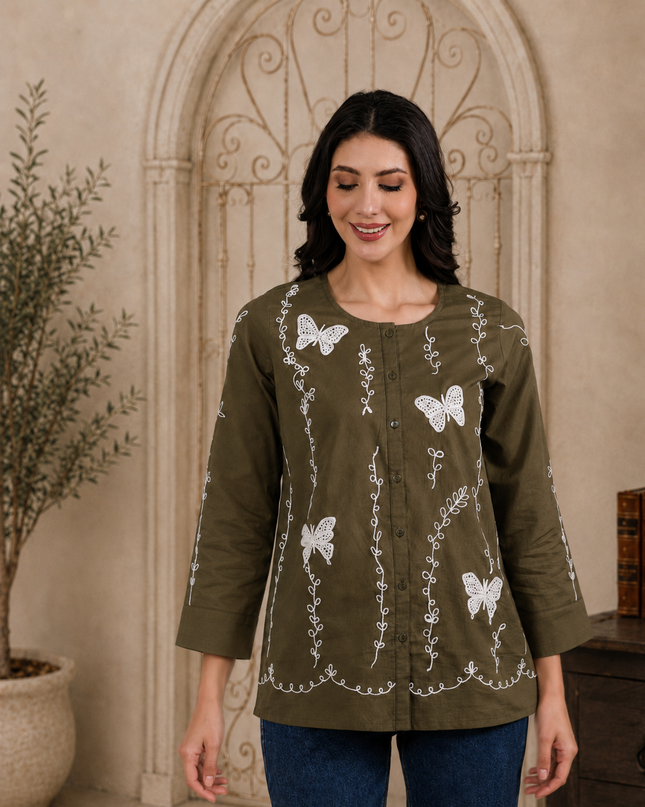 Qazmi Women Aari Embroidered Pure Cotton Buttoned Top