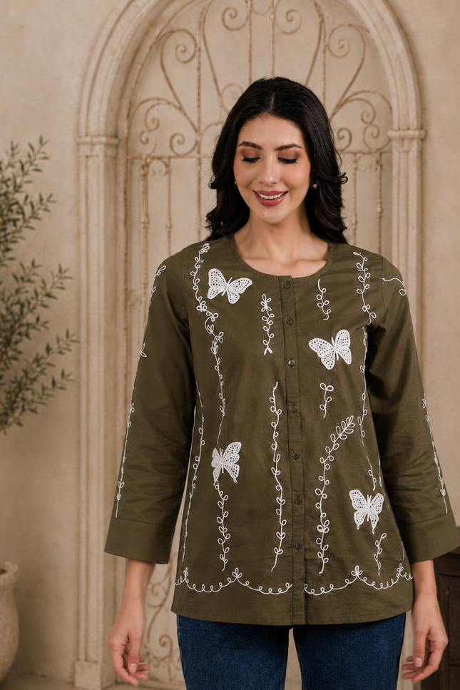 Qazmi Women Aari Embroidered Pure Cotton Buttoned Top
