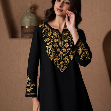 Qazmi Women's Kashmiri A-Line Full Sleeves Viscose Rayon Black Flared Short Kurti