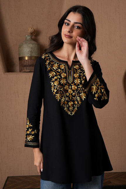 Qazmi Women's Kashmiri A-Line Full Sleeves Viscose Rayon Black Flared Short Kurti
