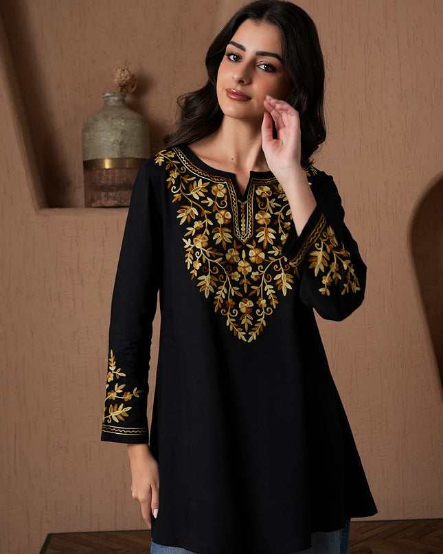 Qazmi Women's Kashmiri A-Line Full Sleeves Viscose Rayon Black Flared Short Kurti