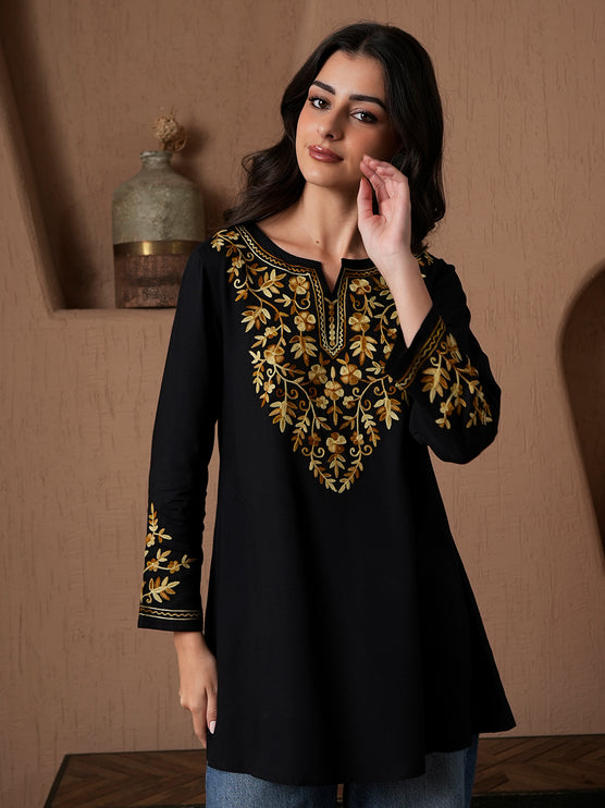 Qazmi Women's Kashmiri A-Line Full Sleeves Viscose Rayon Black Flared Short Kurti
