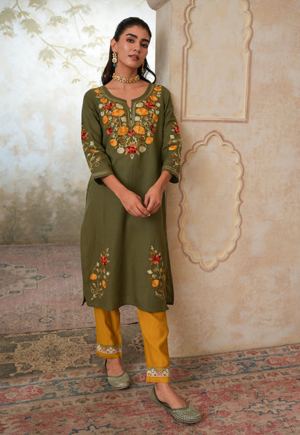 Qazmi Women's Zaynab Kashmiri Aari Work Cotton Linen Olive Green Kurta