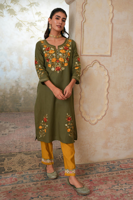 Qazmi Women's Zaynab Kashmiri Aari Work Cotton Linen Olive Green Kurta