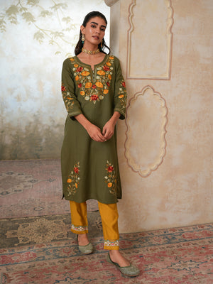 Qazmi Women's Zaynab Kashmiri Aari Work Cotton Linen Olive Green Kurta